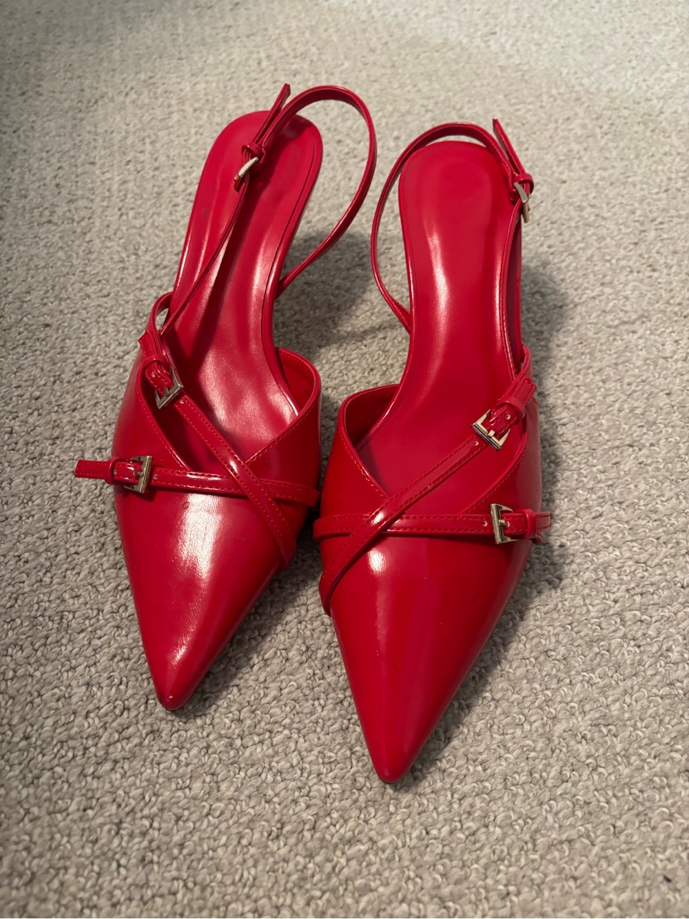 Red Pointed Slingback Heels with Buckle Straps